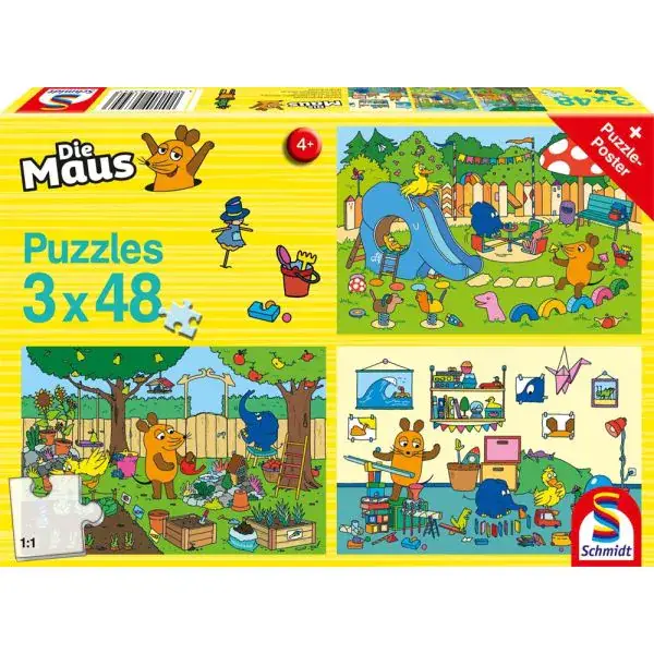 Schmidt Spiele Die Maus: Ein Tag mit der Maus, 3x48 Teile Kinderpuzzle Sonderangebot der Fabrik