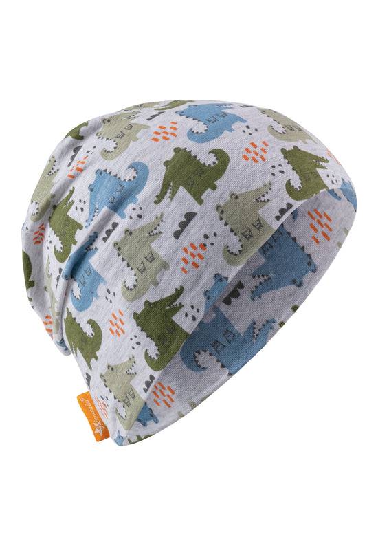 Sterntaler Beanie bedruckt mit bunten Krokodilen in silbergrau Tiefpreis