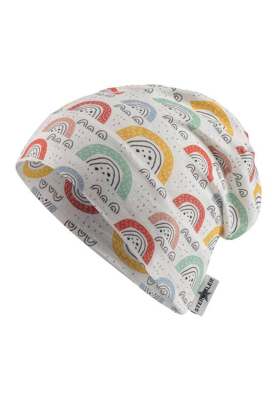 Sterntaler Beanie bedruckt mit bunten Regenbögen in ecru