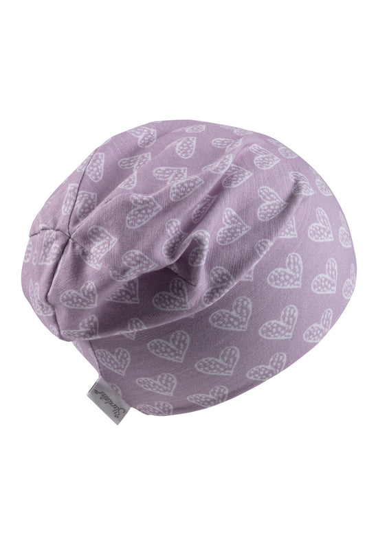 Sterntaler Beanie bedruckt mit Herzen in flieder im Angebot